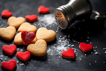 Obraz premium holiday cookies in the shape of a heart with red jelly on a black wooden background