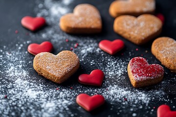 Fototapeta premium holiday cookies in the shape of a heart with red jelly on a black wooden background