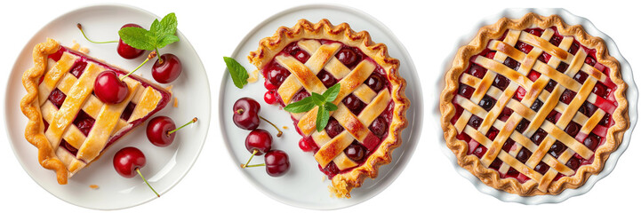 Delicious cherry pie and slice on plates with fresh cherries and mint leaves. Perfect for dessert lovers.