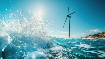 A wind turbine is on top of a wave in the ocean