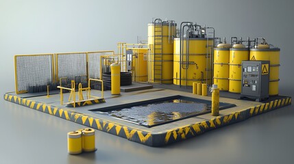 64. A toxic chemical spill containment area with absorbent materials and safety barriers