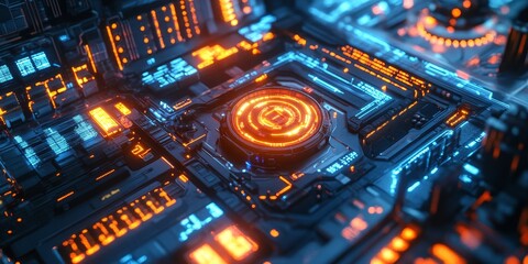Fototapeta premium Close-up of an AI core surrounded by glowing circuits, holographic displays, and a sleek, cyberpunk-inspired environment