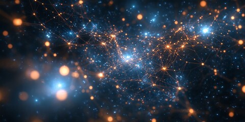 Naklejka premium Close-up of a star cluster, where each star is connected by glowing circuits, symbolizing advanced cosmic networks