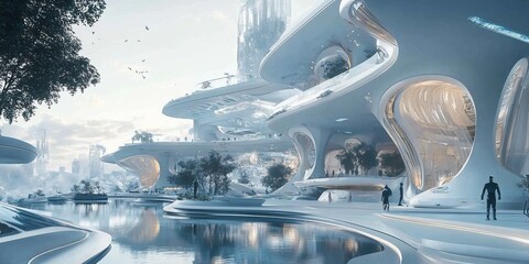 A detailed view of a futuristic building concept, showcasing robotic construction, AI technology, and a high-tech urban aesthetic