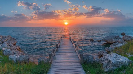 Fototapeta premium Wooden Pier Leading to Sunset Over Ocean with Rocks