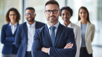 A group of businesspeople standing in front, smiling and looking at the camera.
