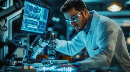 Robotic engineer programs a robot arm in a space research lab. with an emphasis on innovation in aerospace technology