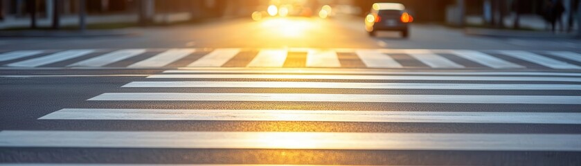 A serene city street at dusk, showcasing a zebra crossing bathed in warm sunlight as a car passes by.