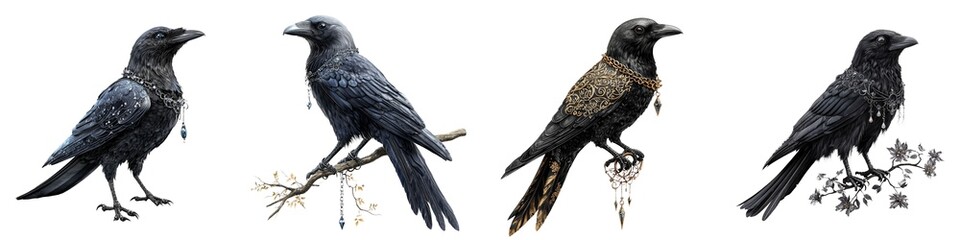 Fototapeta premium Detailed fantasy illustrations of elegant black crows adorned with ornate jewelry, perched on branches, showcasing a blend of dark beauty and mysticism