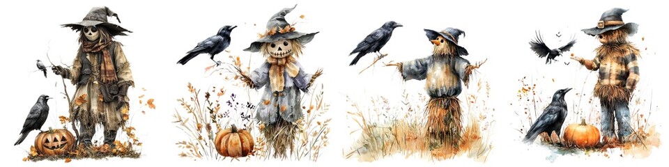 Obraz premium Autumn-themed illustrations featuring whimsical scarecrows with crows perched on their arms, surrounded by pumpkins and fall foliage