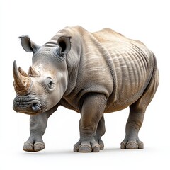 Obraz premium Portrait of a rhinoceros full body standing front 409 rhinoceros, rhino, animal, mammal, white, wildlife, isolated, horn, wild, zoo, safari, nature, dangerous, big, large, horned, endangered, white 