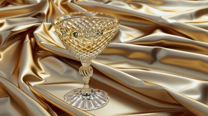 Elegant Crystal Glass on Golden Satin Fabric, Drinkware for Celebrations and Special Events