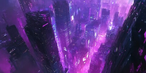 A close-up of cyberpunk architecture, with towering skyscrapers, neon-lit facades, and advanced tech elements under a dark, futuristic sky