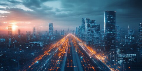 Cityscape with a glowing horizon, featuring futuristic architecture, advanced energy systems, and interconnected smart technologies