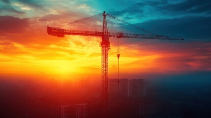 Fototapeta premium A crane is silhouetted against a beautiful sunset