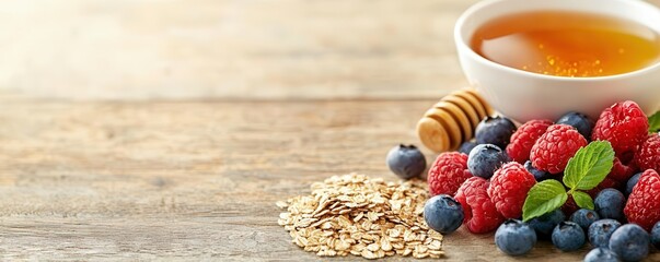 Fototapeta premium A healthy breakfast spread featuring oats, mixed berries, honey, and a refreshing mint leaf on a rustic wooden table.