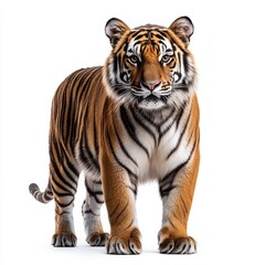 Fototapeta premium Portrait of a tiger full body standing front view 369 tiger, cat, animal, wildlife, feline, wild, nature, mammal, zoo, predator, bengal, siberian, stripes, striped, white, big, fur, isolated, carniv