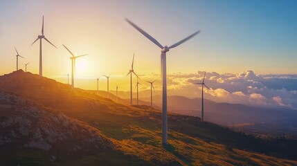 Fototapeta premium A group of wind turbines are on a hillside