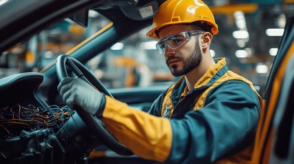A Worker in a car manufacturing plant installing wiring in the interior of a new vehicle. Precision in automotive assembly.