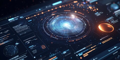 Obraz premium Modern space exploration app interface, showcasing responsive holographic elements, orbit trackers, and celestial data overlays
