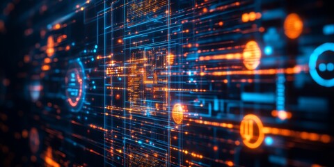 Obraz premium Cyberpunk machine learning system, with glowing neural networks, holographic data displays, and advanced AI integration in a sleek, tech-heavy setting