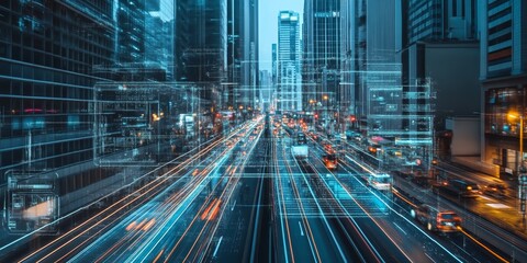A futuristic transportation interface with dynamic routes, real-time traffic data, and interactive controls for smart urban mobility