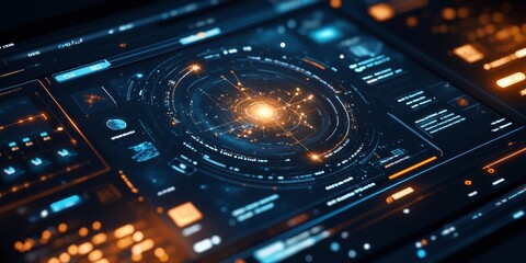 Obraz premium A futuristic app interface designed for space missions, with interactive star charts, real-time data streams, and sleek, glowing controls