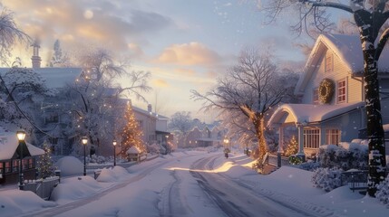 Festive Holiday Lights on a Snowy Winter Street