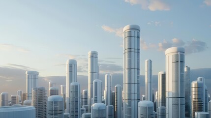 Naklejka premium Skyscrapers in a futuristic city, with advanced energy storage systems integrated into their cores, future architecture, skyscrapers, sustainability
