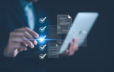 Checklist business performance monitoring concept, Business using tablet online survey filling out...