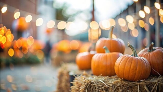 Blurred background of a harvest-themed autumn festival with pumpkins and hay.
