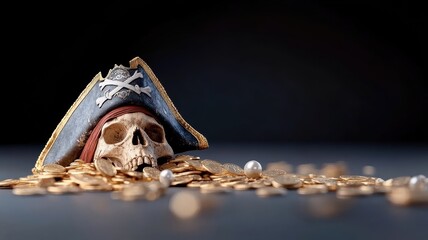 Weathered pirate skull with tricorn hat on pile of gold coins.