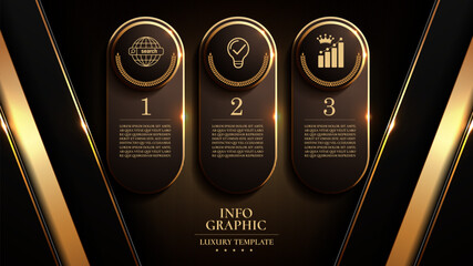 business luxury infographic templates, gold black color, flow chart data visualization for abstract background template 3 steps options.