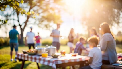 Blurred background of a family reunion picnic with tables, food, and activities.
