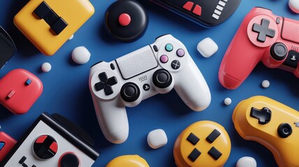 Stylized pattern of vintage game controllers and consoles with graffiti tags.