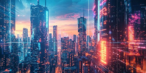 Fototapeta premium Close-up of a high-tech cityscape, featuring glowing skyscrapers, automated transport systems, and advanced energy grids under a neon sky
