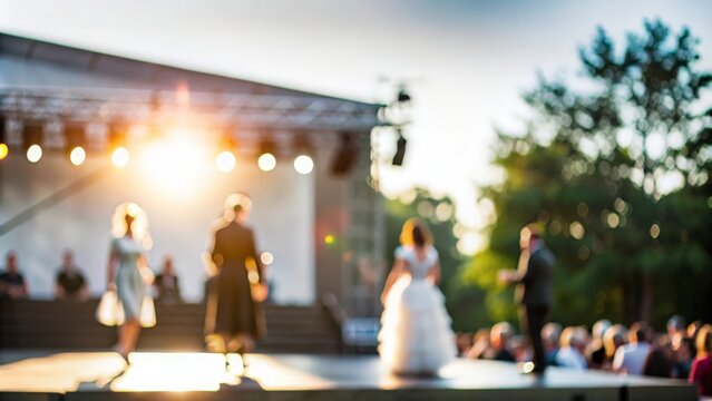 Blurred background of an outdoor theater stage with performers.
