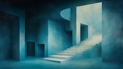 A long staircase leads up into a dimly lit room with soft, blue lighting.  The staircase winds up into a mysterious and undefined space.