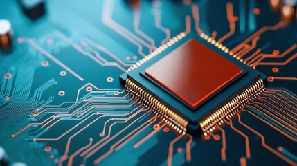 Close-up of a modern microchip on a circuit board, highlighting intricate connections and advanced technology.