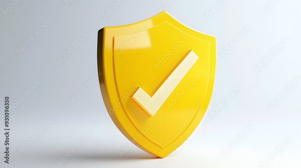 Wall mural cartoon 3d Icon safety shield check mark perspective . yellow symbol security safety icon. Checkmark in minimalistic style. 3d vector illustration. white background