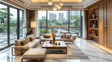 Fototapeta premium New Chinese style high-end villa living room, french window and large balcony with wooden frame sofa, wooden tea table, chandelier, urban landscape outside the window, bright light. Generative AI.