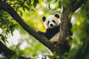 Obraz premium Panda climbing a tree branchv