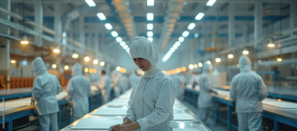 Poster A modern factory where workers are engaged in their tasks, showcasing teamwork and the production process. Generative AI.