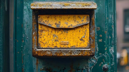 Weathered Yellow Box on Green Surface.