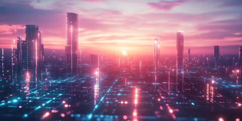 Fototapeta premium Close-up of a futuristic landscape with advanced infrastructure, smart energy grids, and glowing skyscrapers under a vibrant horizon
