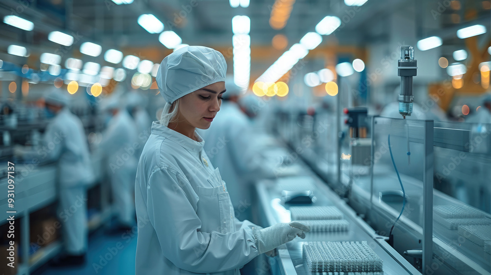 Fototapete A modern factory where workers are engaged in their tasks, showcasing teamwork and the production process. Generative AI.