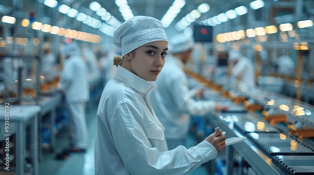 Poster A modern factory where workers are engaged in their tasks, showcasing teamwork and the production process. Generative AI.