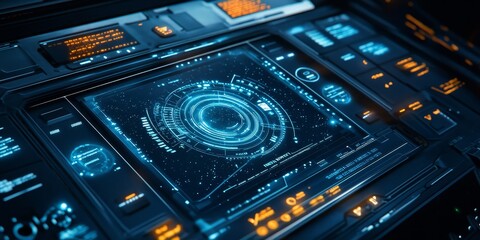 Obraz premium A modern digital control interface for space exploration, with touch-sensitive holographic buttons and real-time star tracking