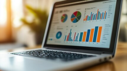 A laptop screen displaying colorful and detailed analytical charts, illustrating data analysis and business metrics in a professional work environment.