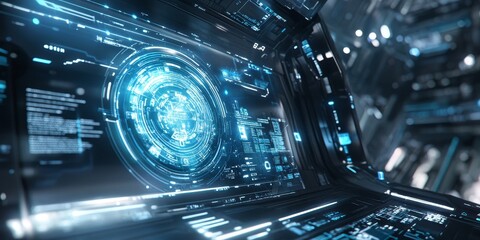 Close-up of a virtual tour interface within a futuristic architectural space, featuring immersive environments and advanced design elements